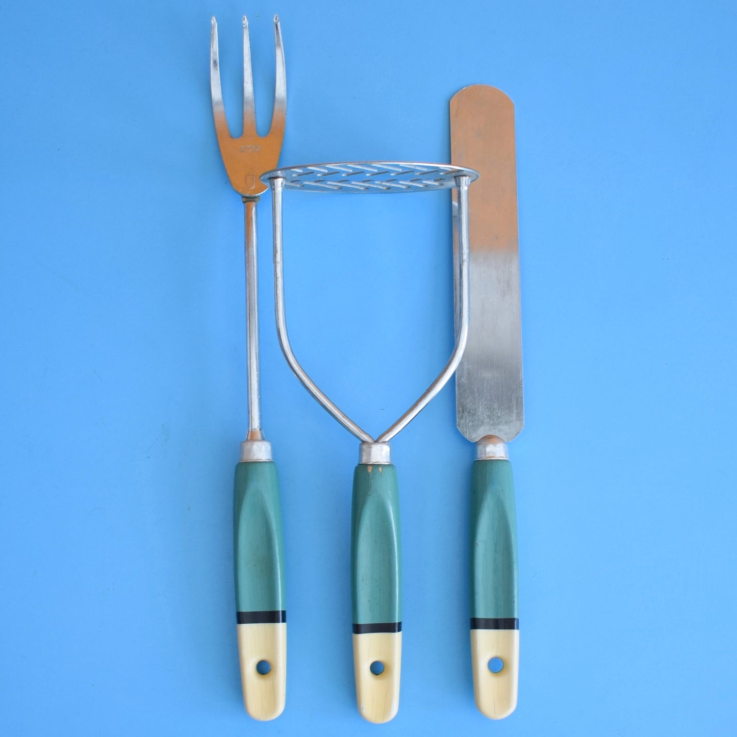Vintage 1960s Kitchen Utensils - Plastic / Wood Handles - Rainbow Colours