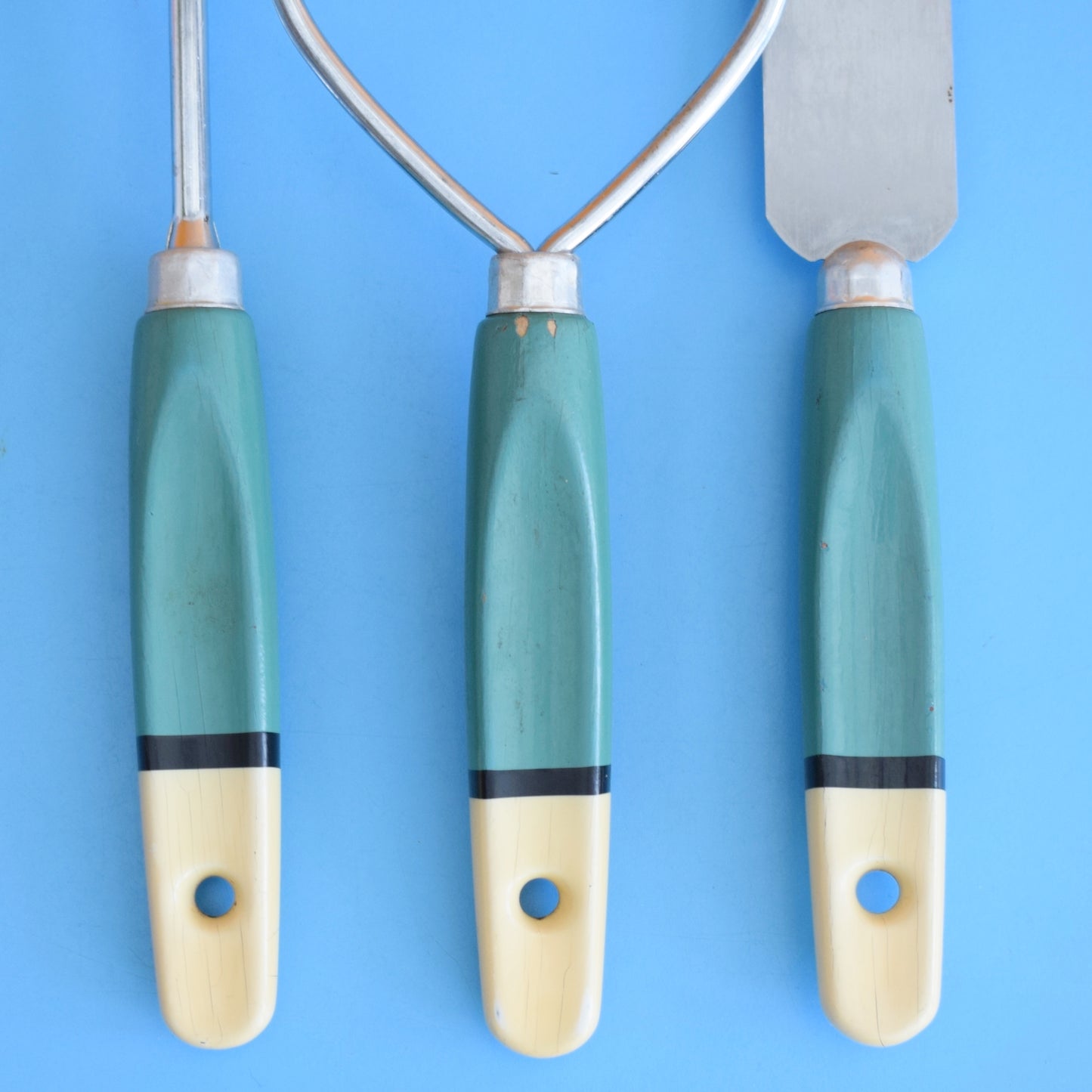 Vintage 1960s Kitchen Utensils - Plastic / Wood Handles - Rainbow Colours