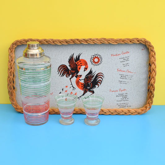 Vintage 1950s Atomic Cocktail Shaker & Glasses x2 With Tray - Red, Green & White Stripe