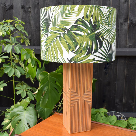 Vintage 1950s Large Bamboo / Wicker Table Lamp & Botanical Shade