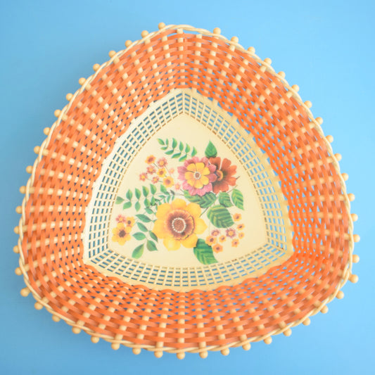 Vintage 1970s Woven Basket - Flowers - Orange