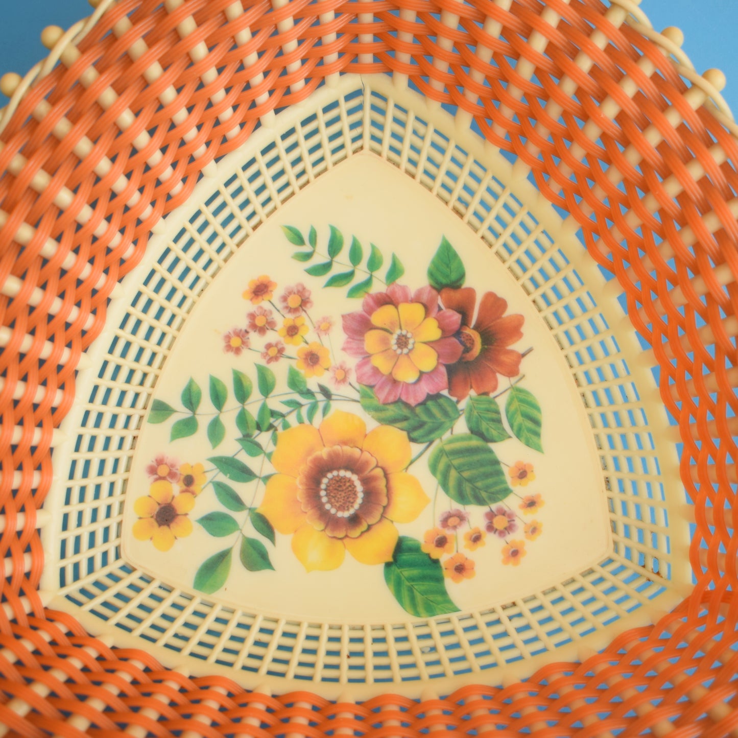 Vintage 1970s Woven Basket - Flowers - Orange