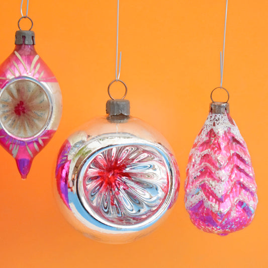 Vintage 1960/70s Glass Christmas Baubles - Pink/ Silver