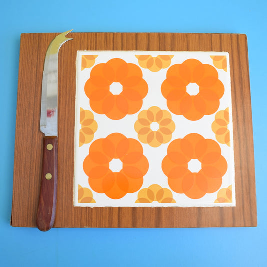 Vintage 1960s Flower Power Cheese Board / chopping Board Tile - Orange / Brown