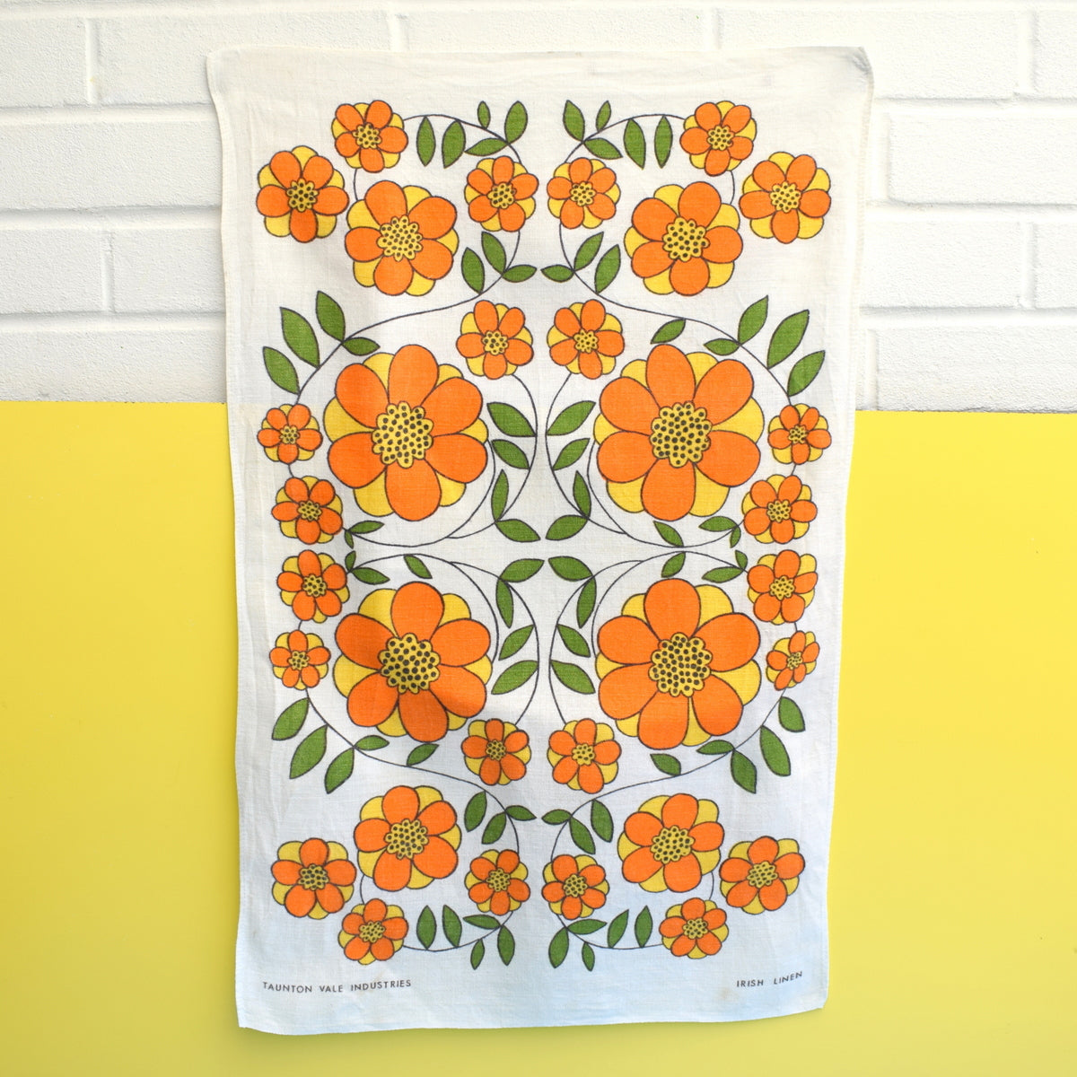 Vintage 1960s Cotton Tea Towel - Taunton Vale - Flower Power - Orange