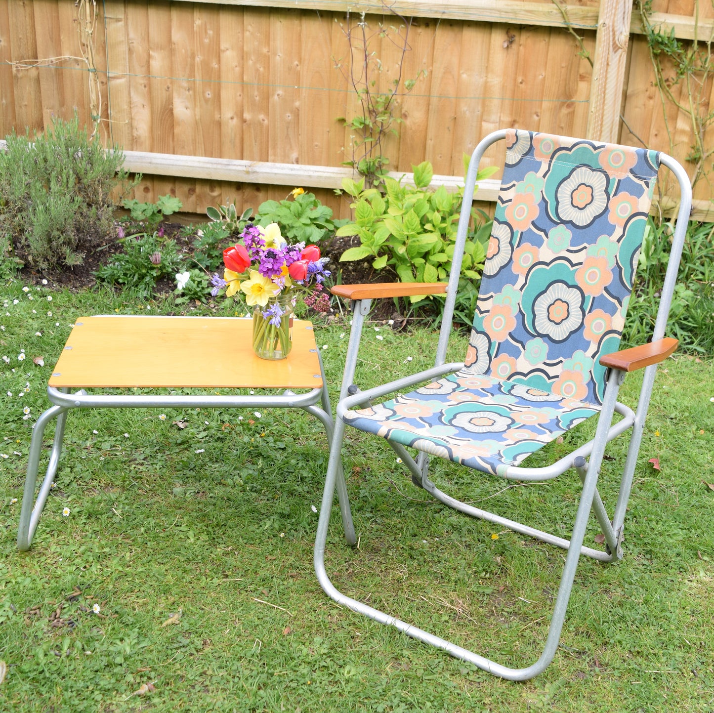 Vintage 1960s Garden Chair - Flower Power Design, Blue, Pale Pink