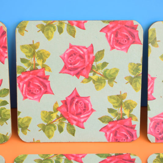 Vintage 1950s Place Mats x6 - Pink Roses & Duck Egg Blue