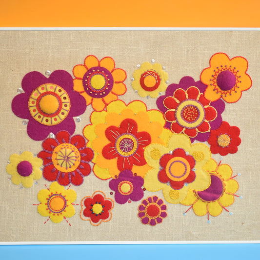 Vintage 1960s Embroidered Felt Picture - Flowers