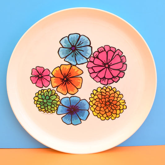 Vintage 1960s American Round Flower Power Plastic Tray - Pink, Orange, Blue