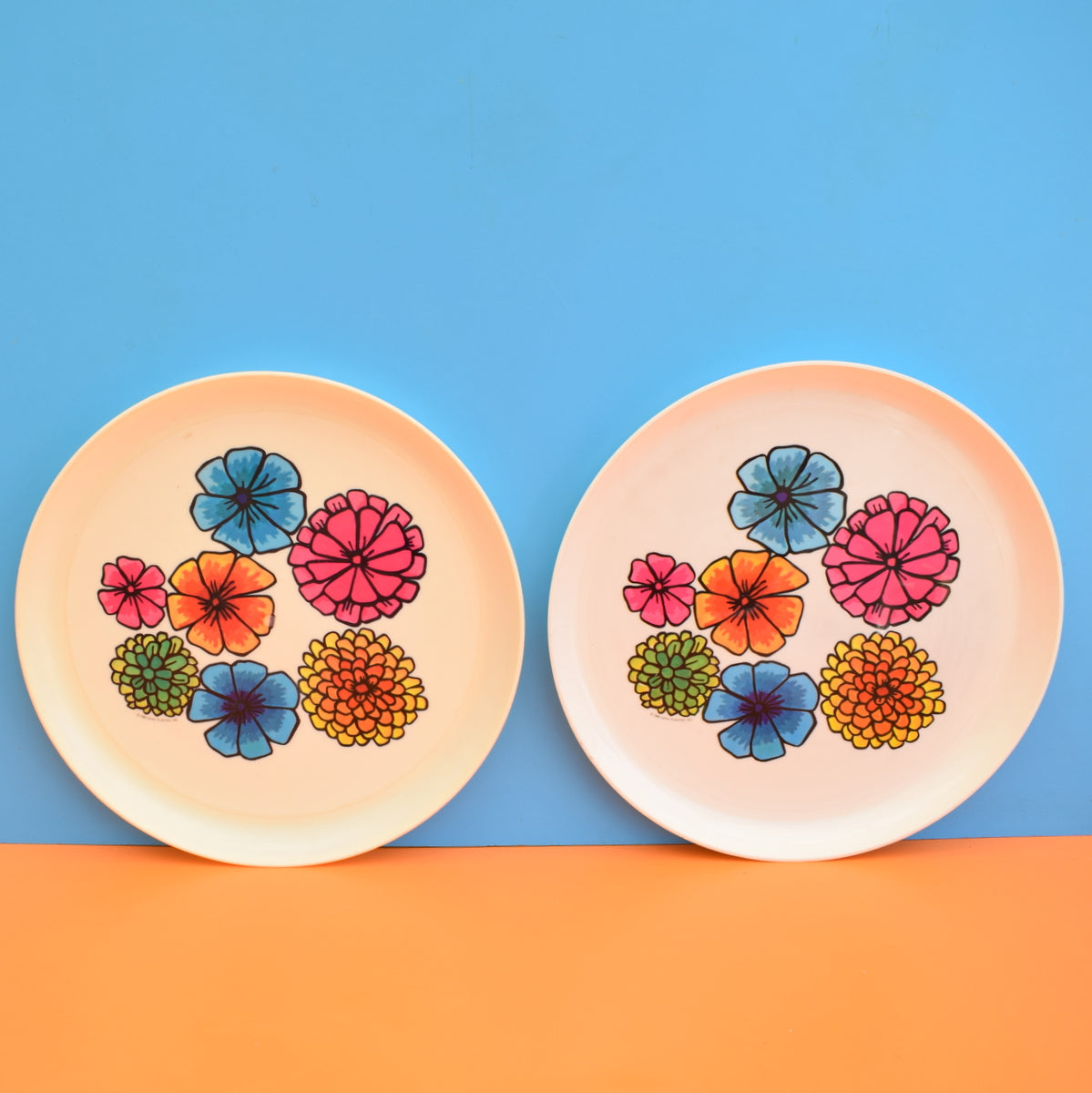 Vintage 1960s American Round Flower Power Plastic Tray - Pink, Orange, Blue