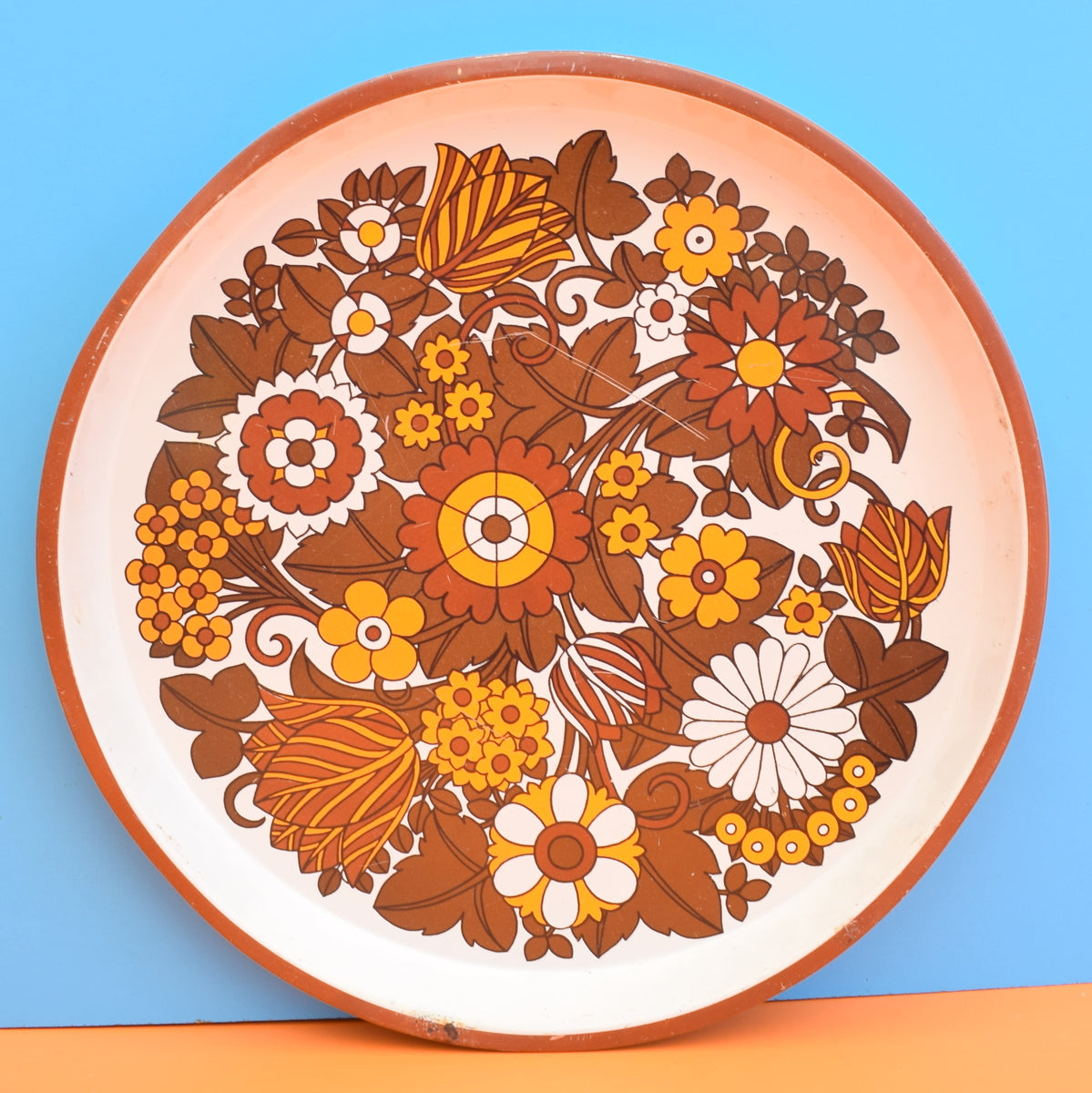 Vintage 1960s Round Flower Power Metal Tray - Brown & Yellow