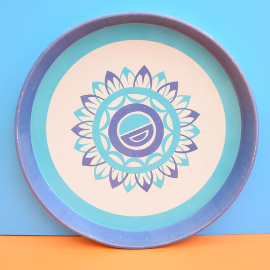 Vintage 1960s Round Geometric Flower Metal Tray - Blue & White