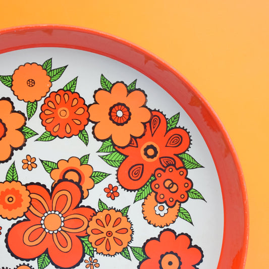 Vintage 1960s Round Tray - Flower Design - Orange by Vintage