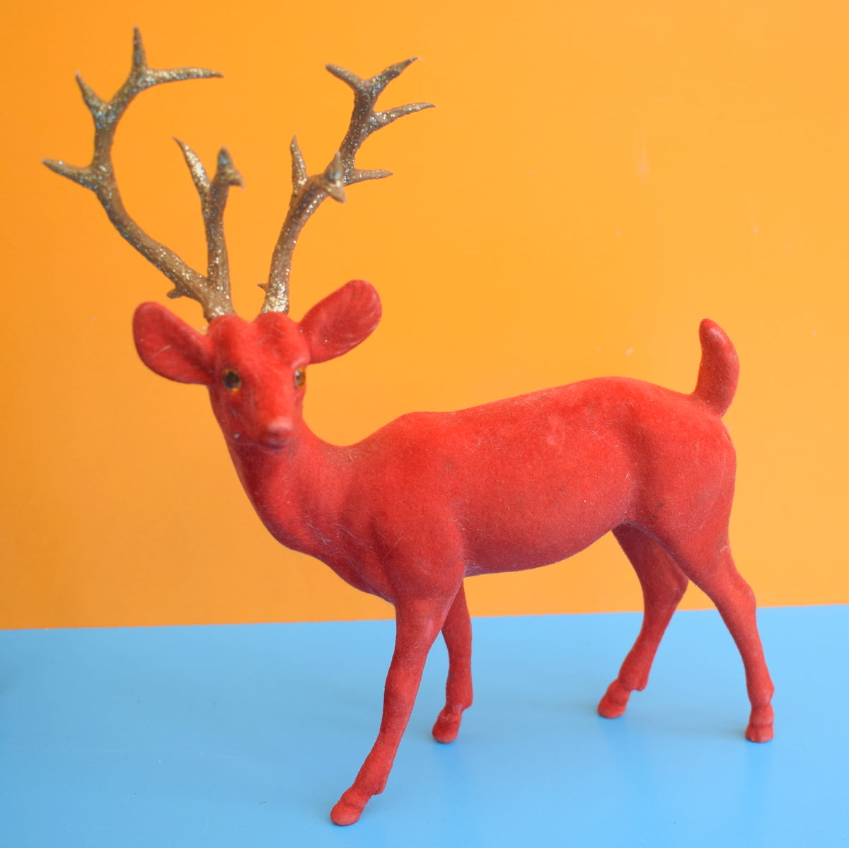 Vintage 1970s Kitsch Flocked Plastic Reindeer Christmas Decoration - Red