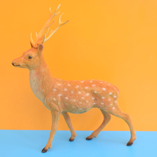 Vintage 1970s Kitsch Flocked Plastic Reindeer Christmas Decoration - Brown Spot