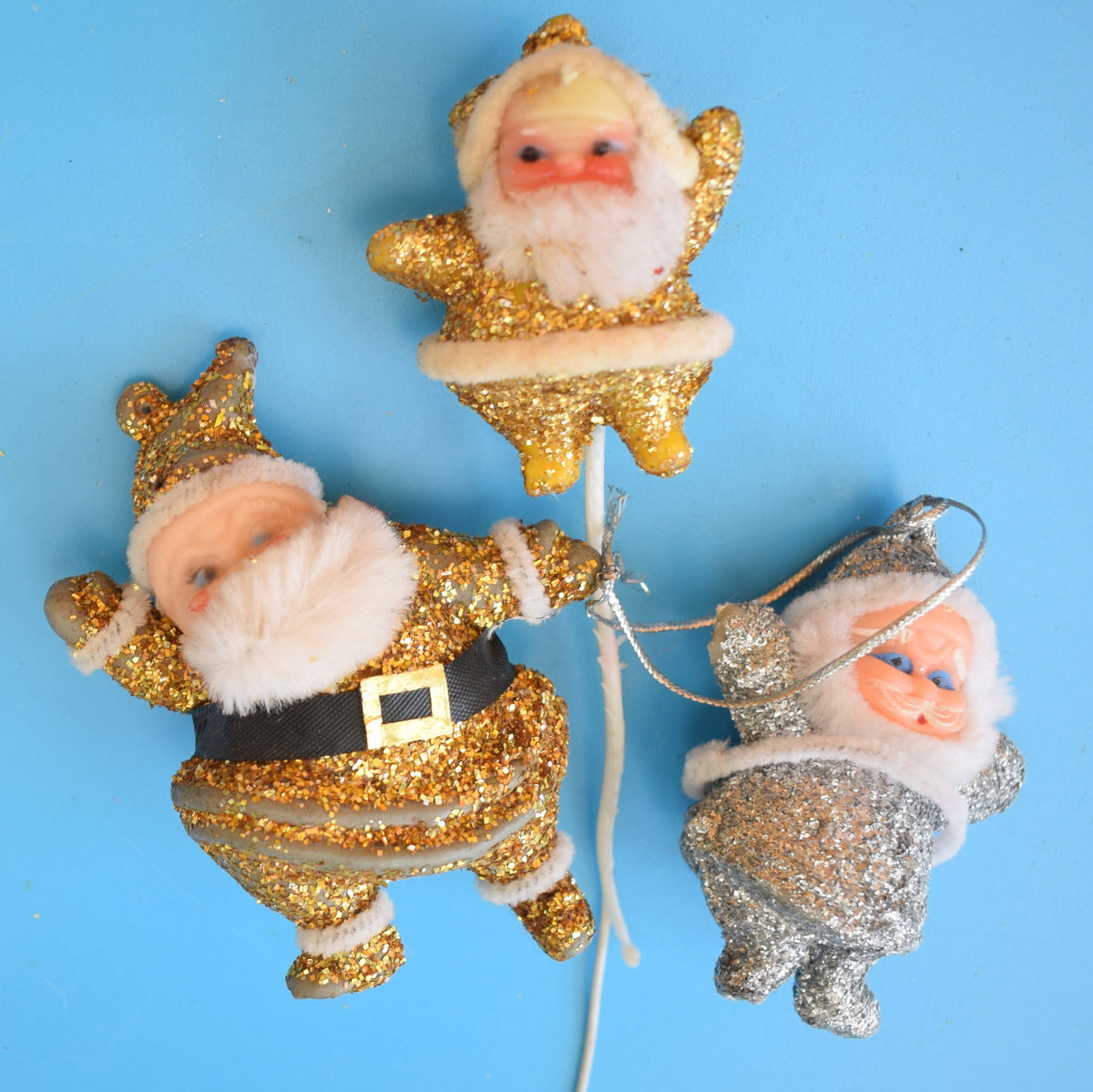 Vintage 1960s Kitsch Glitter Plastic Christmas Decorations x3 - Santa