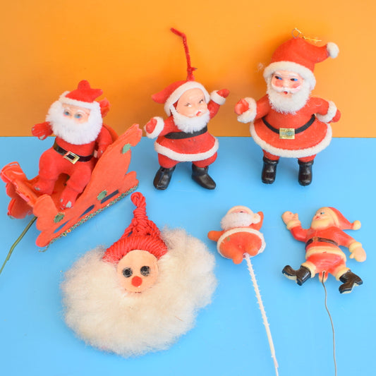 Vintage 1960s Kitsch Flocked Plastic Christmas Decorations x6 - Santa