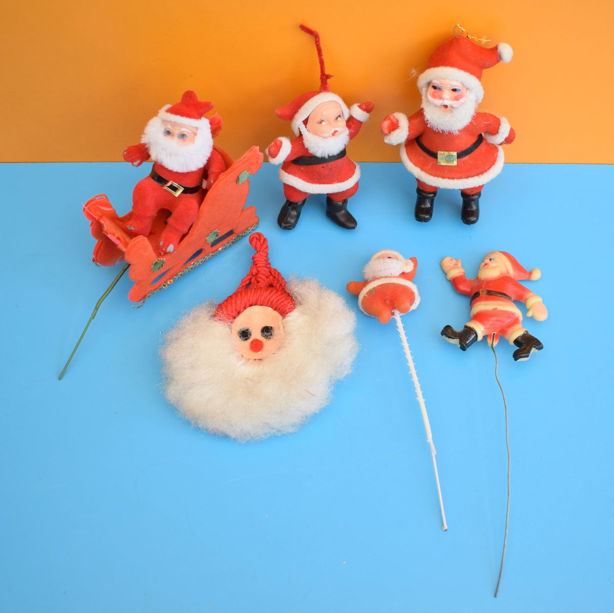 Vintage 1960s Kitsch Flocked Plastic Christmas Decorations x6 - Santa