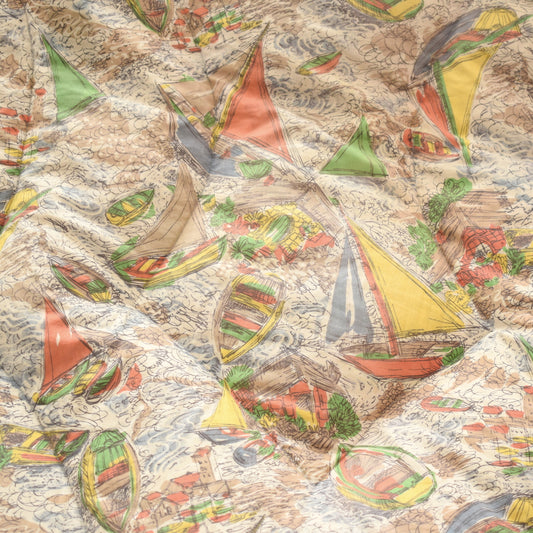 Vintage 1950s Kitsch Sailing Ship Print Eiderdown - Pastel Colours