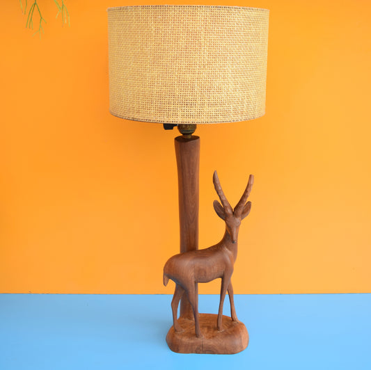 Vintage 1950s Antelope / Gazelle Lamp - Teak Wood & Hessian Shade
