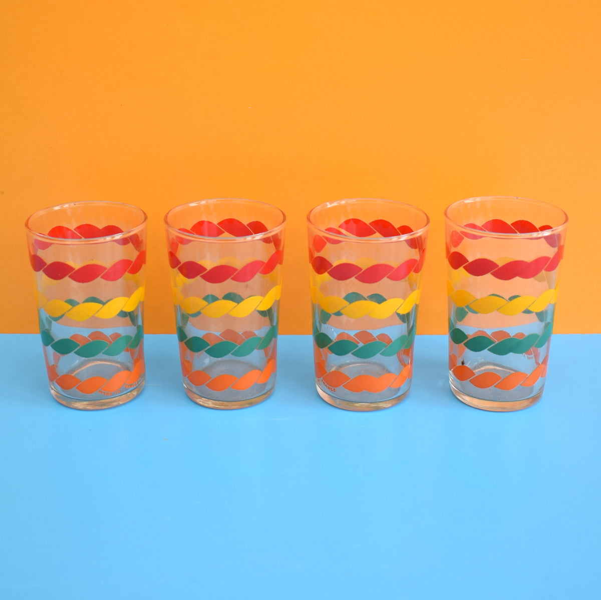 Vintage 1960s French Rainbow Rope Tot Glass Set x4
