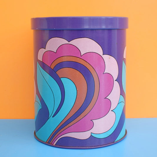 Vintage 1970s Round Metal Tin - Swirl Design- Blue & Purple
