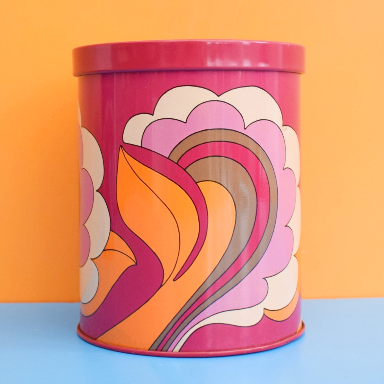 Vintage 1970s Round Metal Tin - Swirl Design- Orange & Pink
