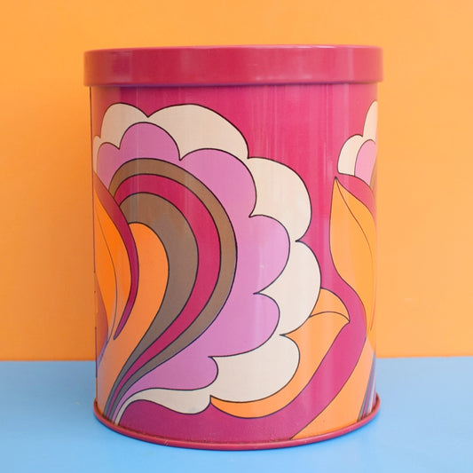 Vintage 1970s Round Metal Tin - Swirl Design- Orange & Pink