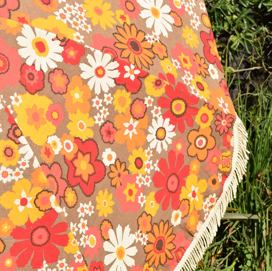 Vintage 1970s - Garden Parasol / Umbrella - Orange Flowers