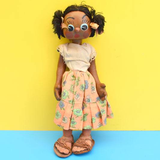 Vintage 1950s Lovely Painted Canvas Dolly - Peach Flower Skirt, Hinged Arms & Legs