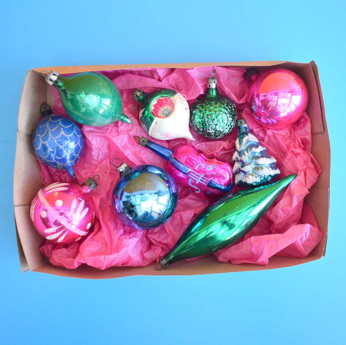 Vintage 1950s Mixed Special Glass Christmas Baubles - Boxed .