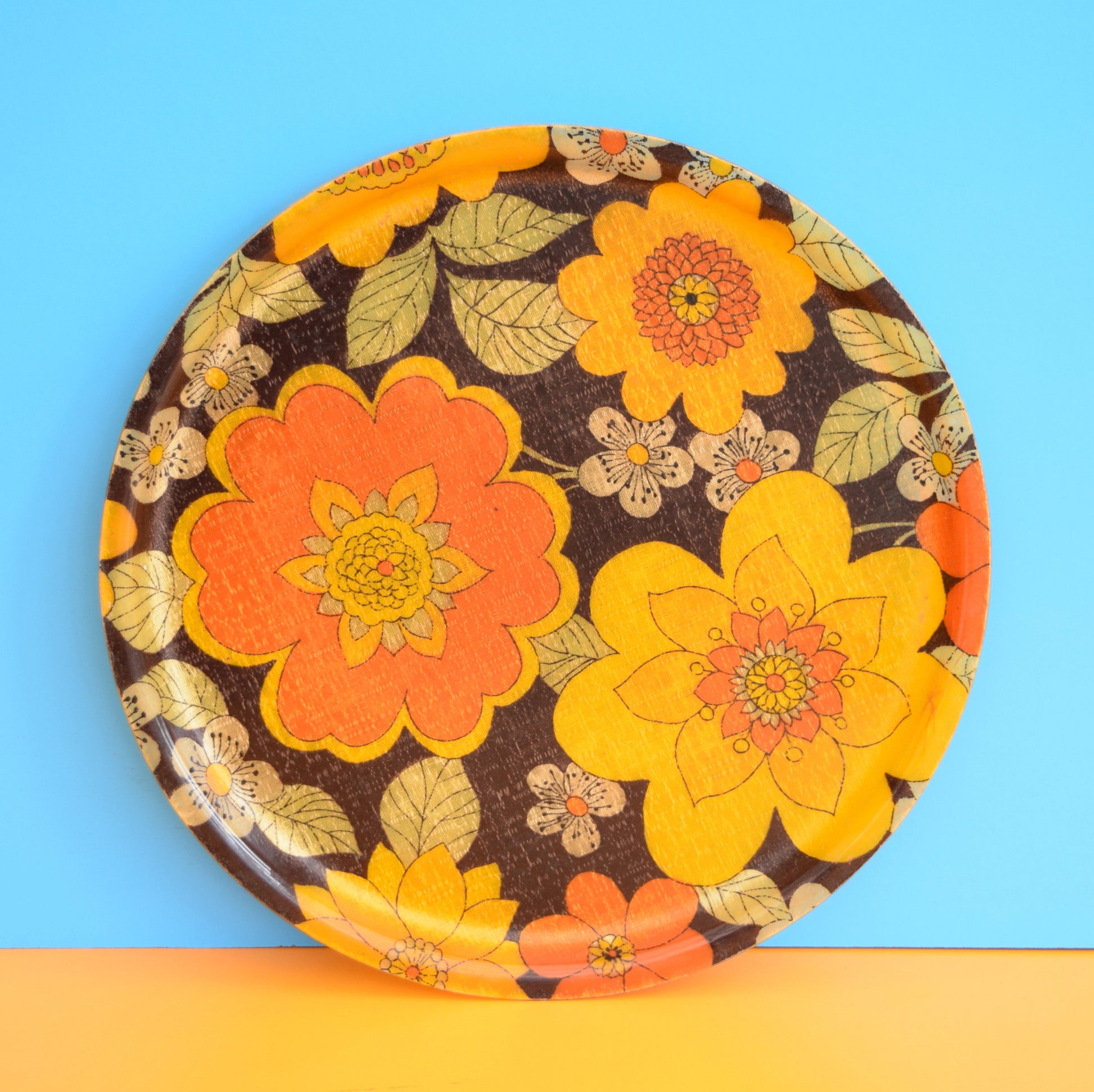 Vintage 1960s Flower Power Round Fibreglass Tray - Orange