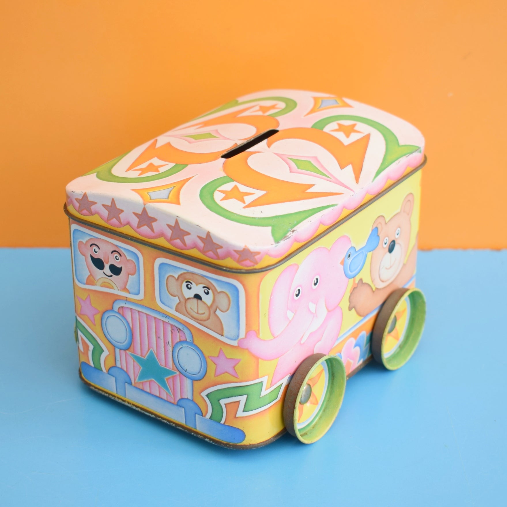Vintage 1970s Metal Circus Train Tin - Pink by Pineapple Retro