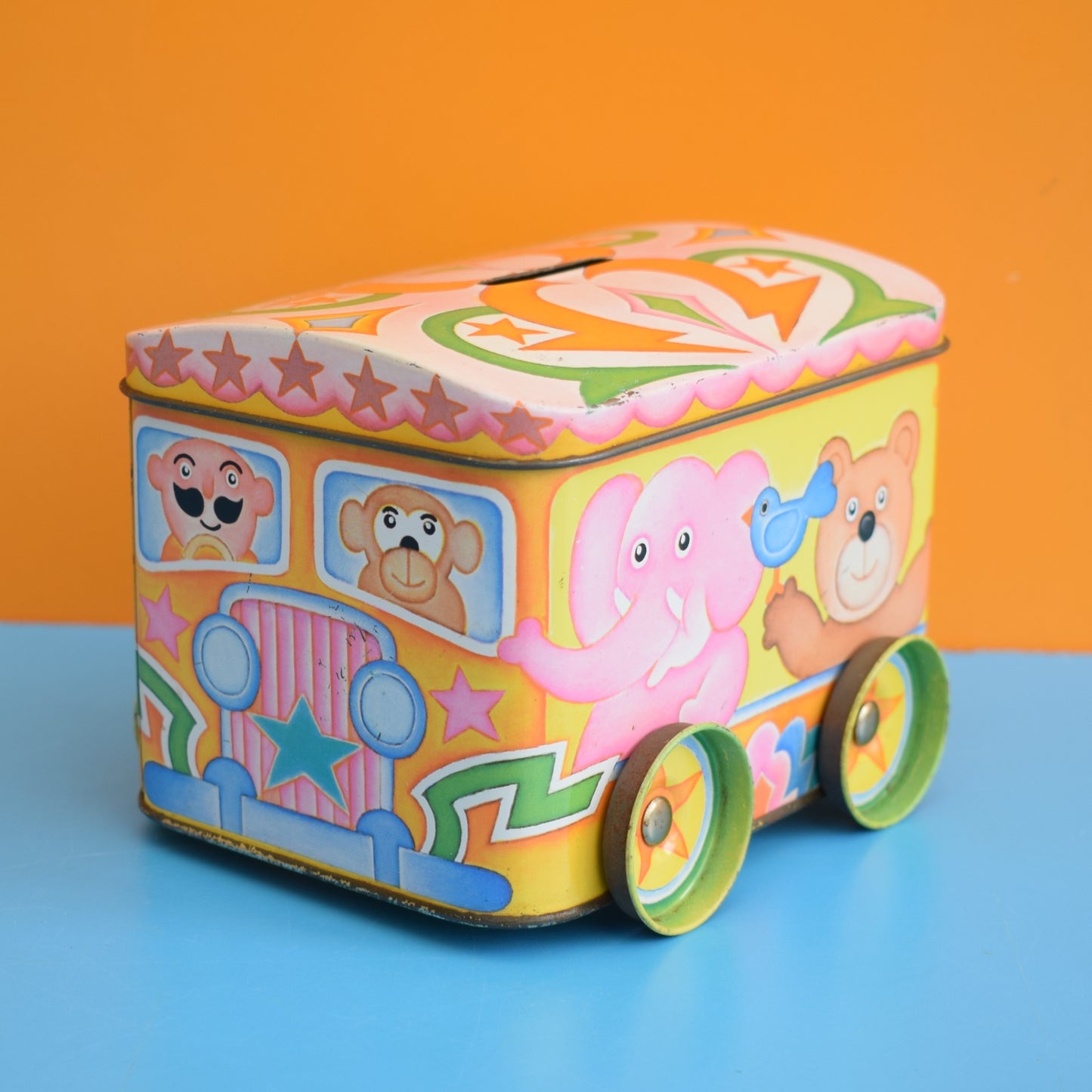 Vintage 1970s Metal Circus Train Tin - Pink by Pineapple Retro