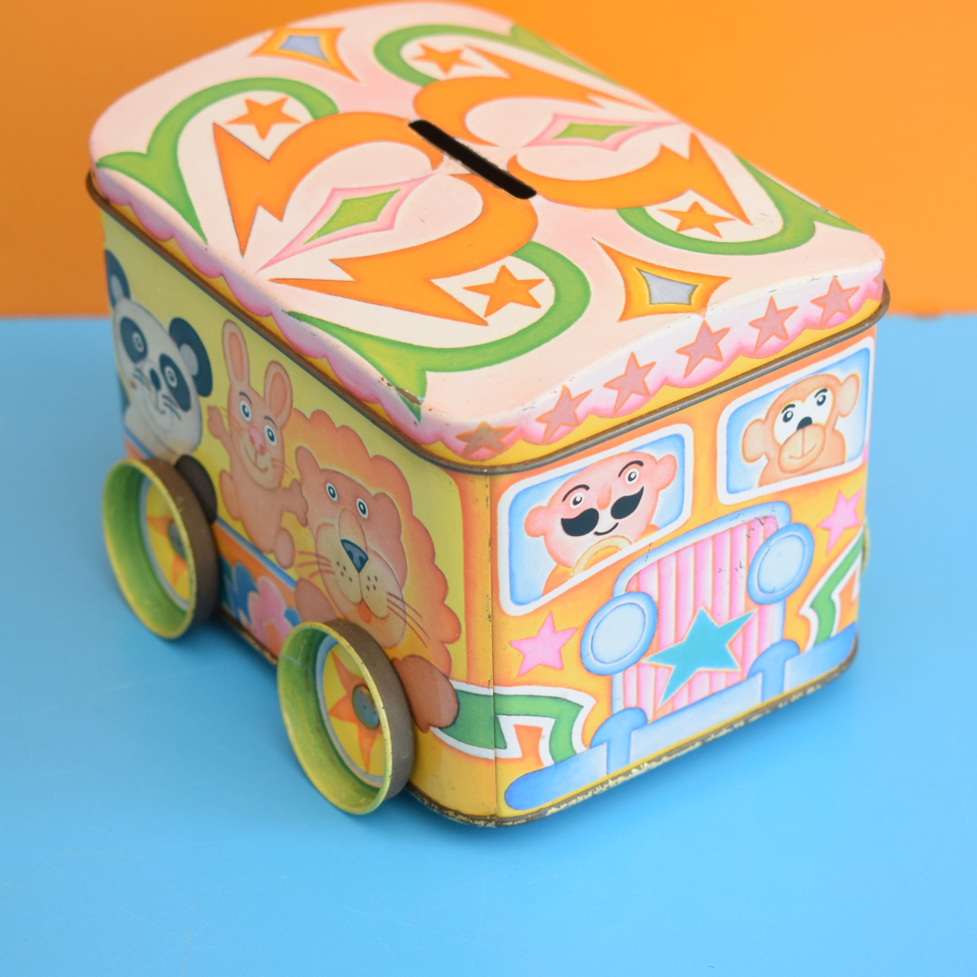 Vintage 1970s Metal Circus Train Tin - Pink by Pineapple Retro
