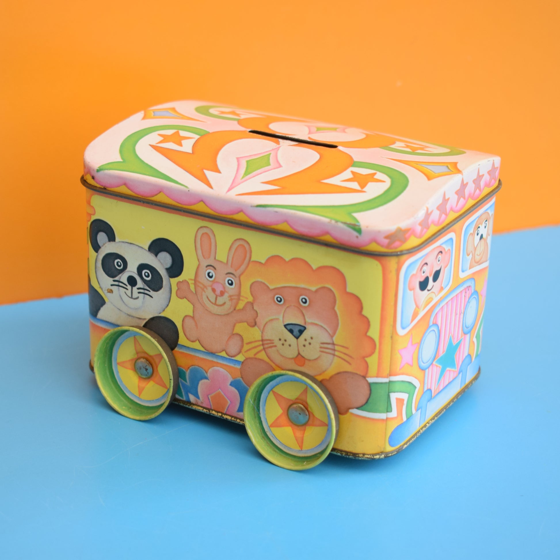 Vintage 1970s Metal Circus Train Tin - Pink by Pineapple Retro