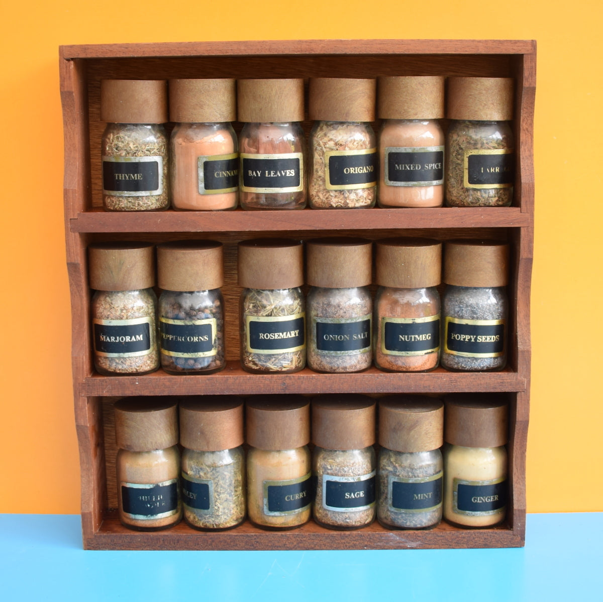 Vintage 1960s Teak Spice Rack With Glass Jars (And Contents)