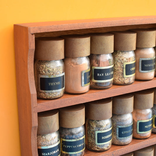 Vintage 1960s Teak Spice Rack With Glass Jars (And Contents)