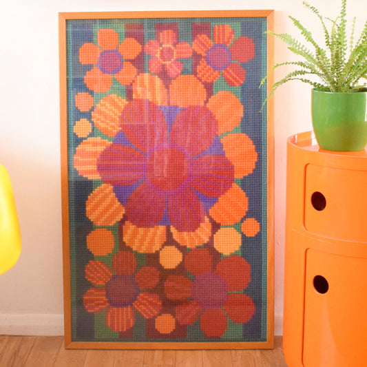 Vintage 1960s Fantastic Large Swedish Embroidery Picture - Flower Power