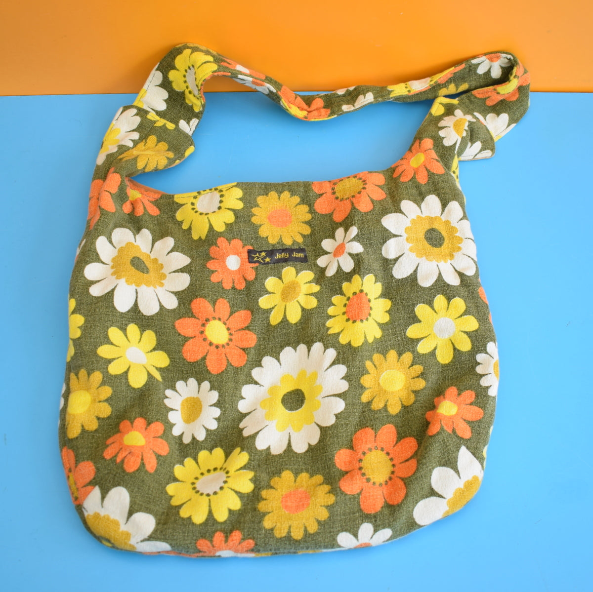 Vintage 1960s Fabric Bag Orange Flower Power / Velvet