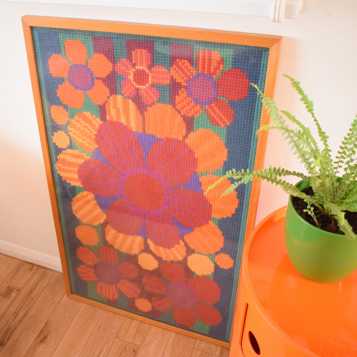 Vintage 1960s Fantastic Large Swedish Embroidery Picture - Flower Power