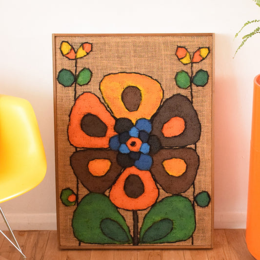 Vintage 1960s Large Swedish Hessian Collage Picture / Painting - Lennart Olsson - Flower Power