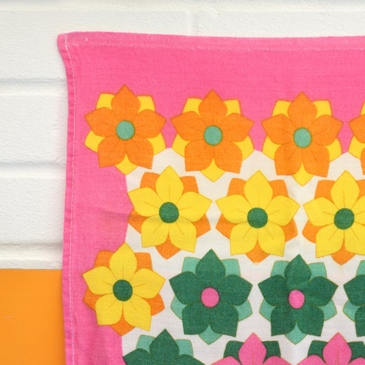 Vintage 1960s Cotton Tea Towel - Flower Power - Pink - Christy