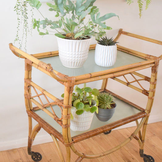 Vintage 1950s Bamboo Trolley - Drinks Bar / Side Unit / Plant Stand - Natural