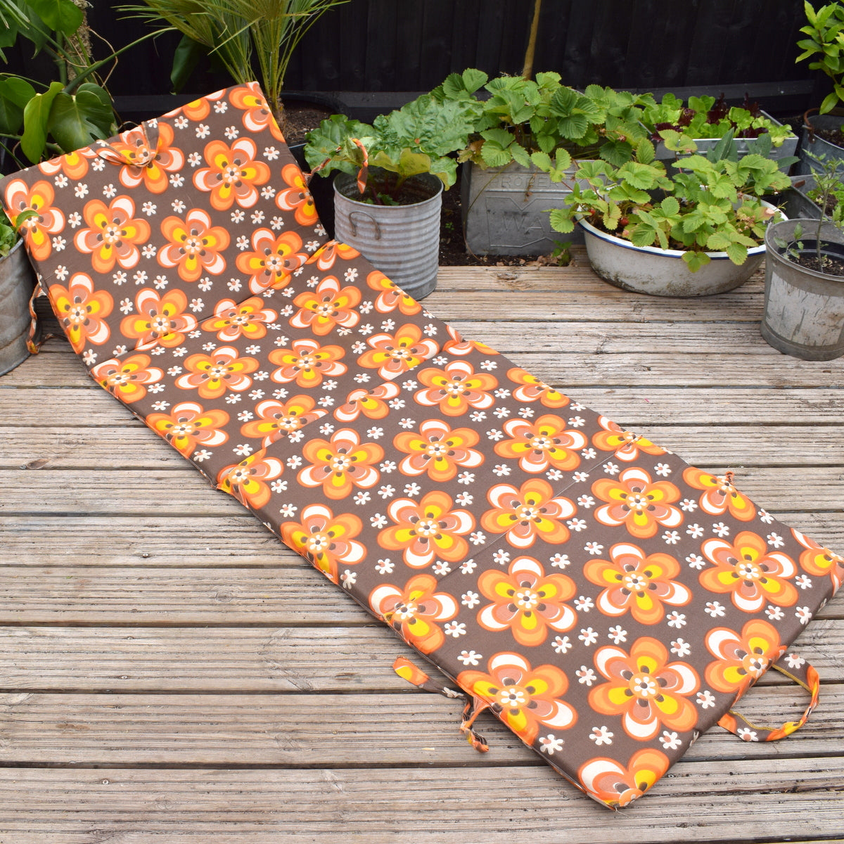 Vintage 1960s Padded Long Folding Cushion - Orange Flower Power