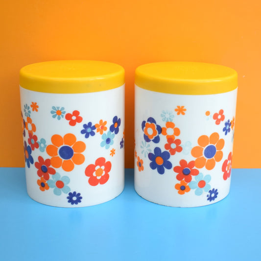 Vintage 1970s Flower Power Plastic Canister - Orange, Yellow & Blue - A/F
