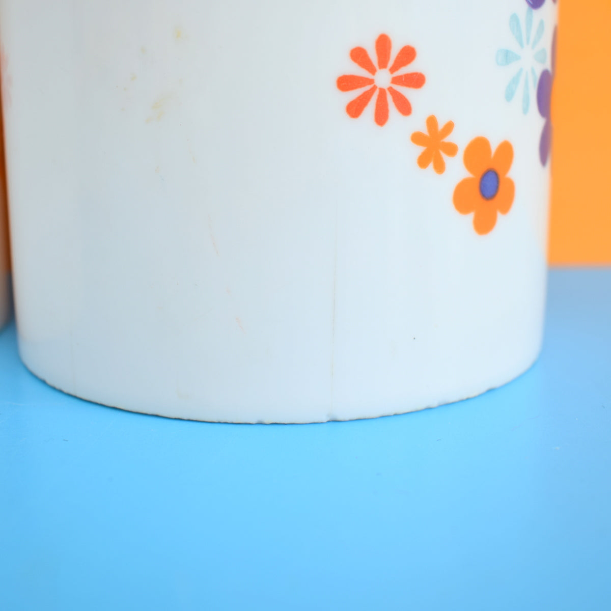 Vintage 1970s Flower Power Plastic Canister - Orange, Yellow & Blue - A/F