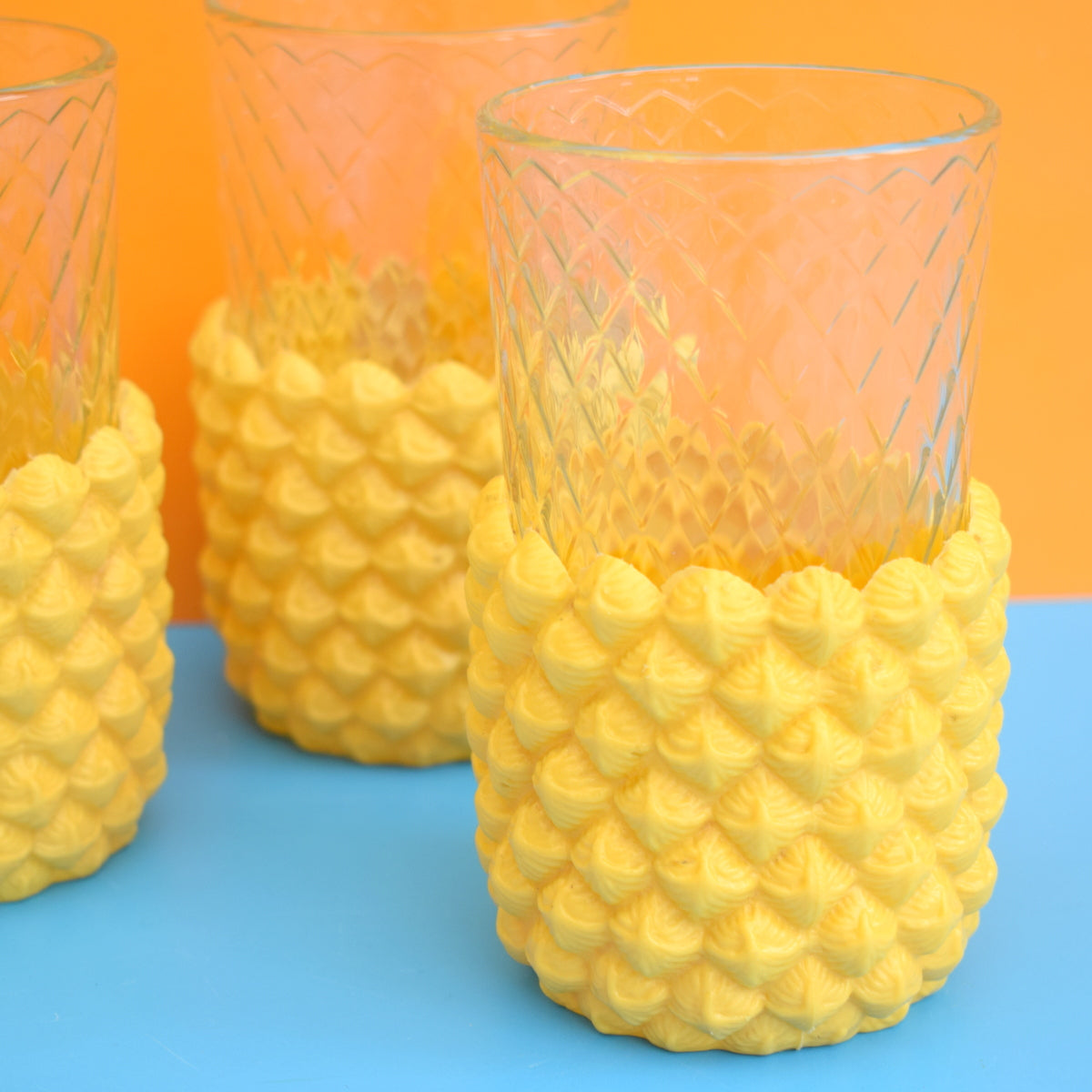 Vintage 1970s Pineapple Ice Bucket Glasses - Plastic - Yellow
