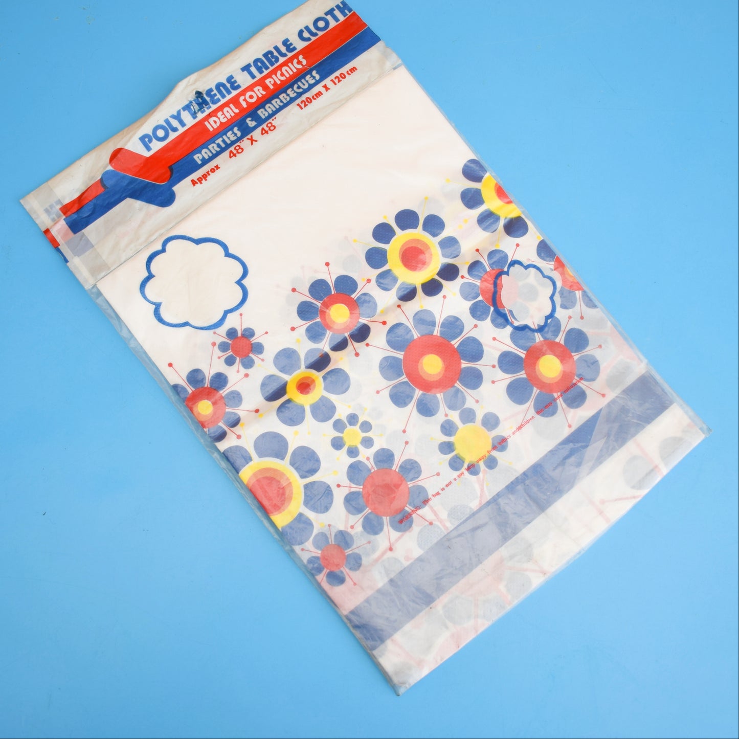 Vintage 1970s Disposable Tablecloth -Flower Power- Blue & Red