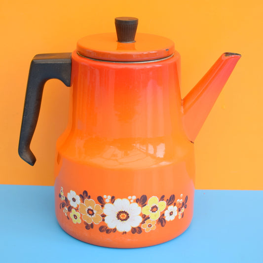Vintage 1960s Enamel Coffee Pot - Orange Flowers
